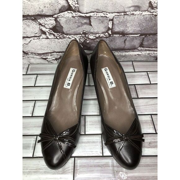 GIORGIA B. Brown Leather Patent Bow Designer Pumps Heels Women’s Sz 38EU/7.5M US - Picture 2 of 16